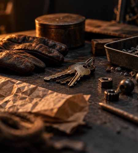 Foley objects including keys, textured materials, and a tray of gravel on a dark work surface.