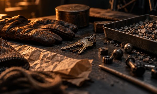 Foley objects including keys, textured materials, and a tray of gravel on a dark work surface.