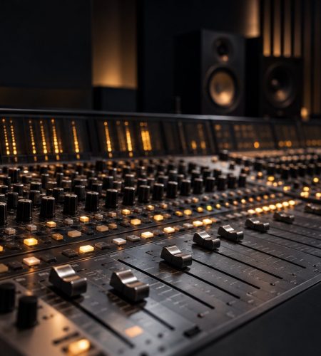 Close view of an audio mixing console with amber-lit controls in a dark studio.