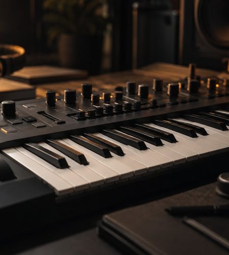 Keyboard synthesizer and audio controls on a desk in a dim music studio.