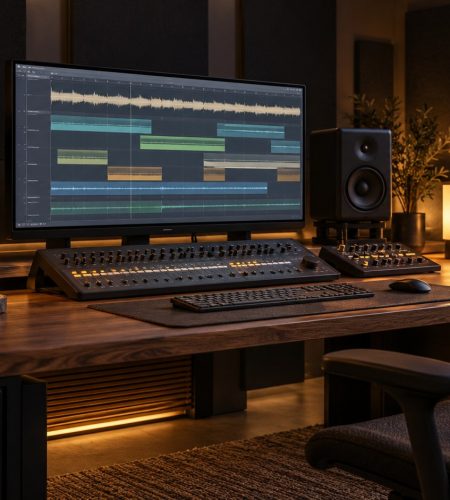 Audio post-production workstation with two nearfield speakers, a mixing surface, and an abstract multitrack timeline on screen.