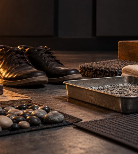 Shoes, a metal tray, cloth, and textured surfaces arranged as Foley props on a studio floor.