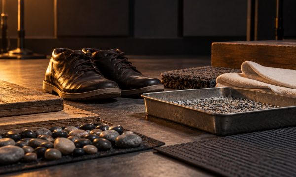 Shoes, a metal tray, cloth, and textured surfaces arranged as Foley props on a studio floor.