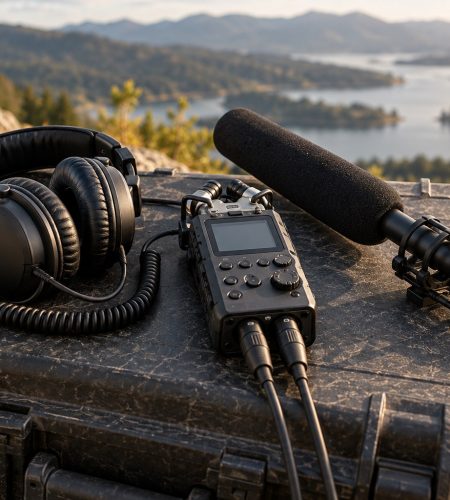 Unbranded field recorder, shotgun microphone, and headphones arranged on a rugged case outdoors.