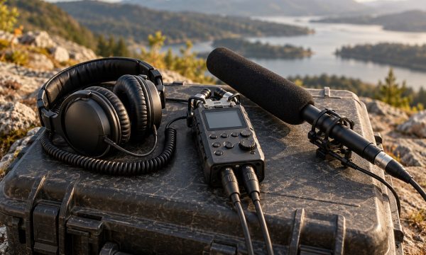 Unbranded field recorder, shotgun microphone, and headphones arranged on a rugged case outdoors.