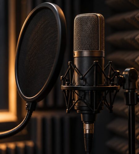 Condenser microphone and pop filter in a softly lit, dark recording booth.