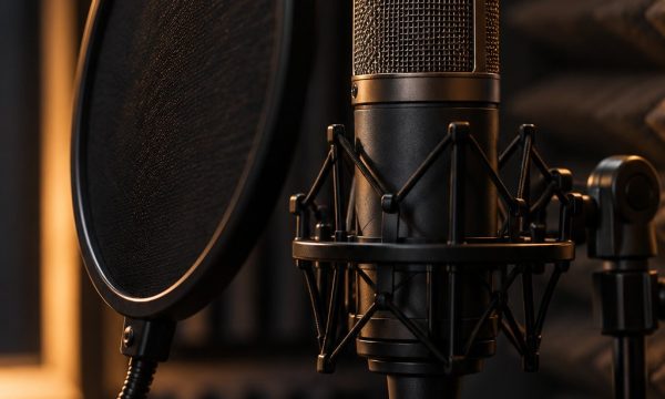 Condenser microphone and pop filter in a softly lit, dark recording booth.