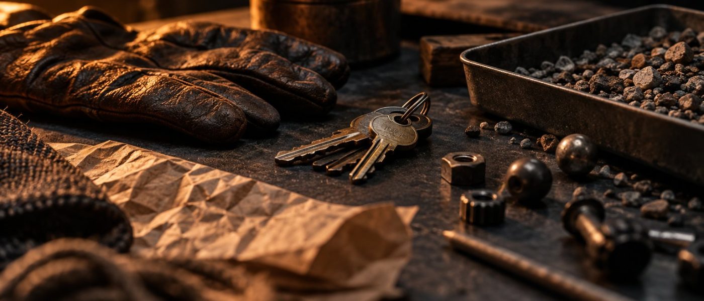 Foley objects including keys, textured materials, and a tray of gravel on a dark work surface.