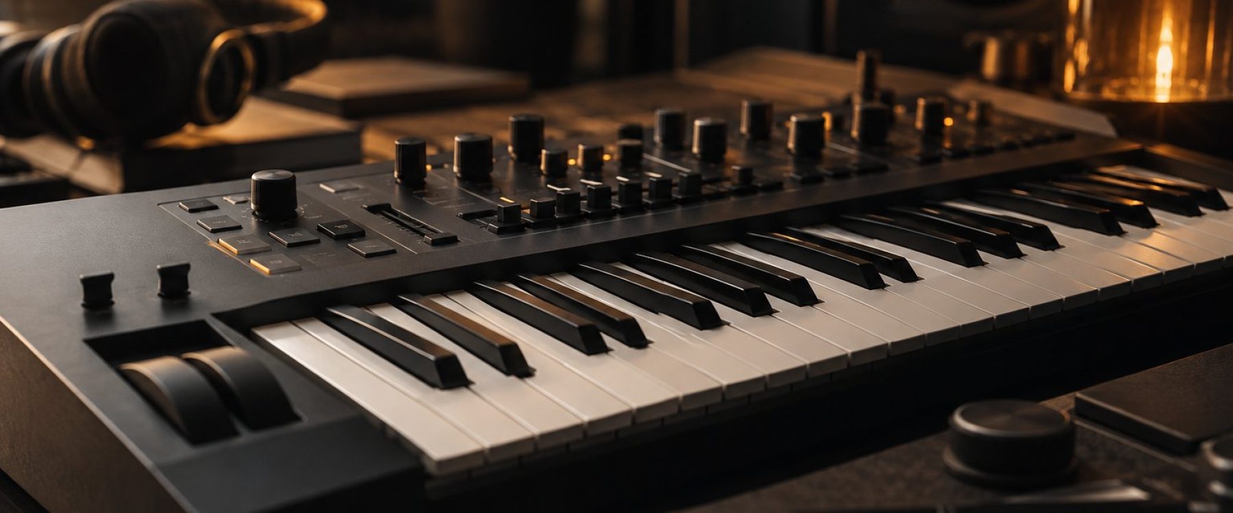 Keyboard synthesizer and audio controls on a desk in a dim music studio.