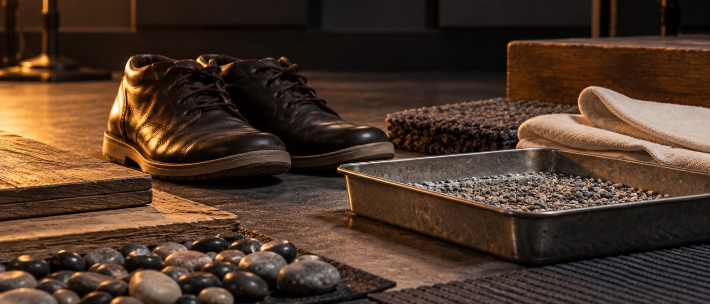 Shoes, a metal tray, cloth, and textured surfaces arranged as Foley props on a studio floor.