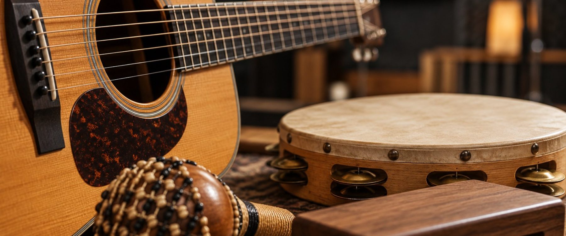 Close view of acoustic guitar strings beside a tambourine, shaker, and wooden percussion block in a recording room.