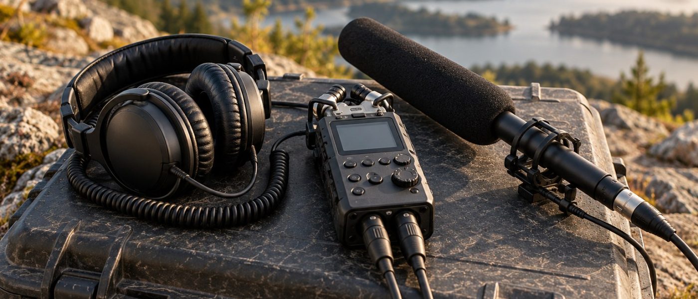 Unbranded field recorder, shotgun microphone, and headphones arranged on a rugged case outdoors.