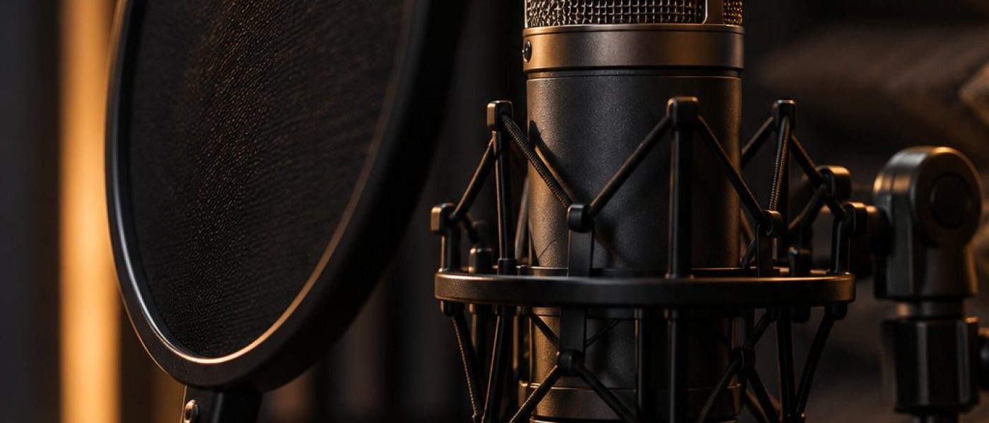 Condenser microphone and pop filter in a softly lit, dark recording booth.
